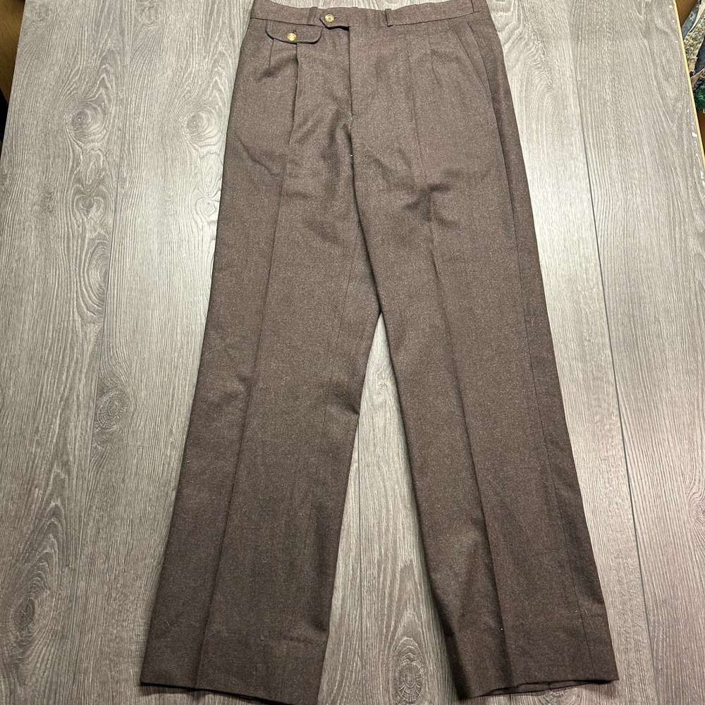 Bay Club Vintage Mens 100% Wool Pleated 32 x 31 Trousers Brown Dress Pants Prep
